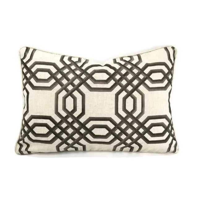 Brown Embroidered Geometric Design on Linen and Self-Welt Lumbar Pillow Cover - 14" X 20" For Sale In Portland, OR - Image 6 of 6