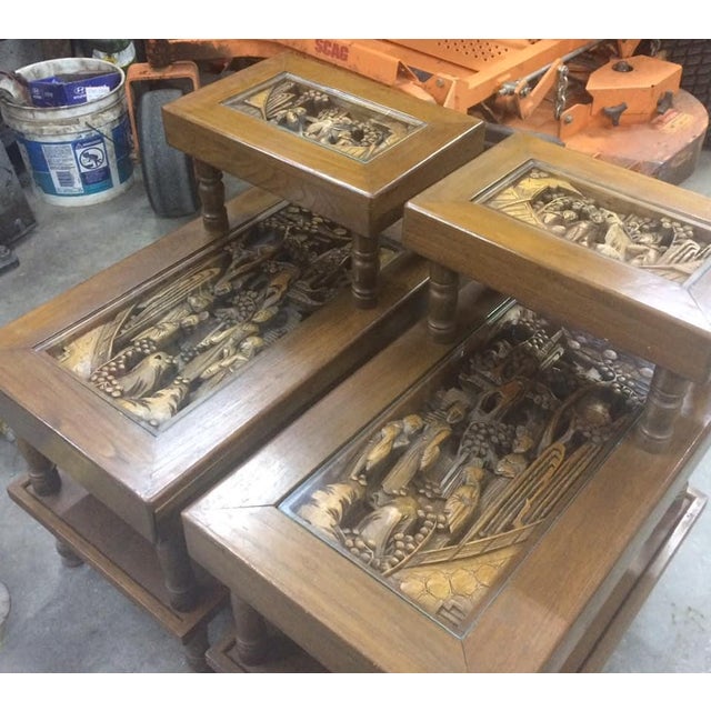 Wood A Pair of Mid-Century Asian 3-Dimensional Wood Carved Step Tables For Sale - Image 7 of 13