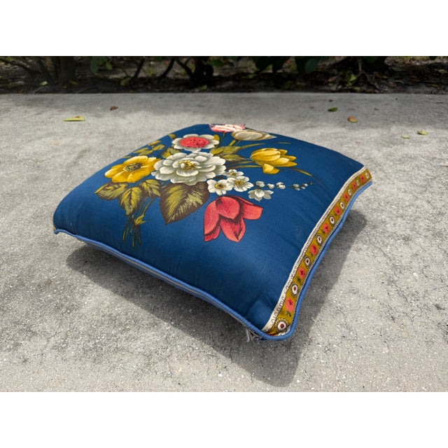 Metal Vintage Floral Upholstered Footstool on Brass Ball Casters For Sale - Image 7 of 13