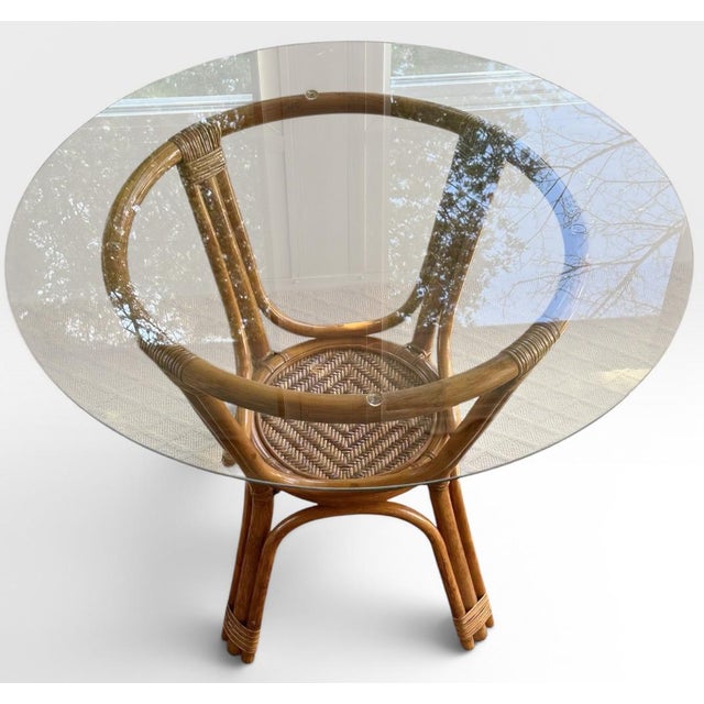 Vintage French Style Bistro Bamboo and Rattan Dining Set Round Glass Top Table and Four Armchairs 5 Pieces For Sale - Image 10 of 16