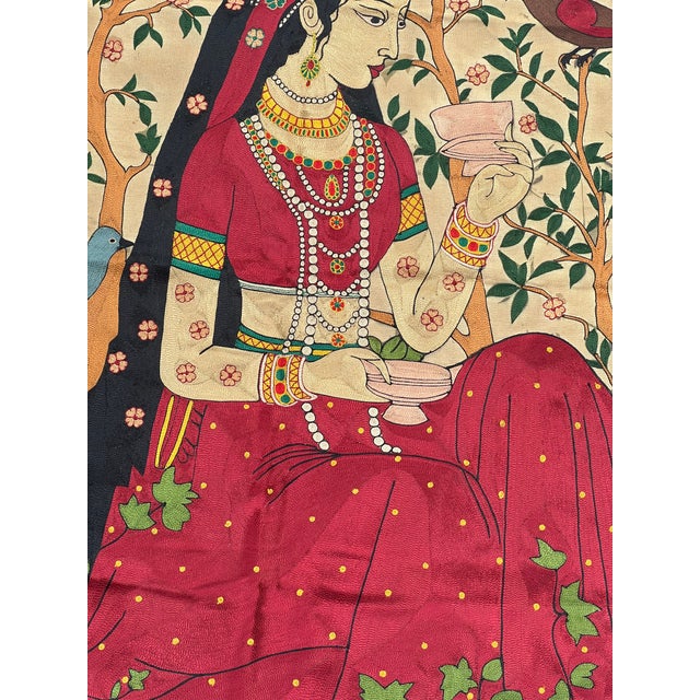 Vintage Silk Embroidered Mughal Lady Textile Wall Hanging | Figural Folk Art Tapestry For Sale - Image 4 of 5