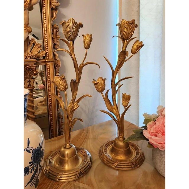 Late 19th Century Art Nouveau Brass Tulip Candle Holders - A Pair For Sale - Image 10 of 10