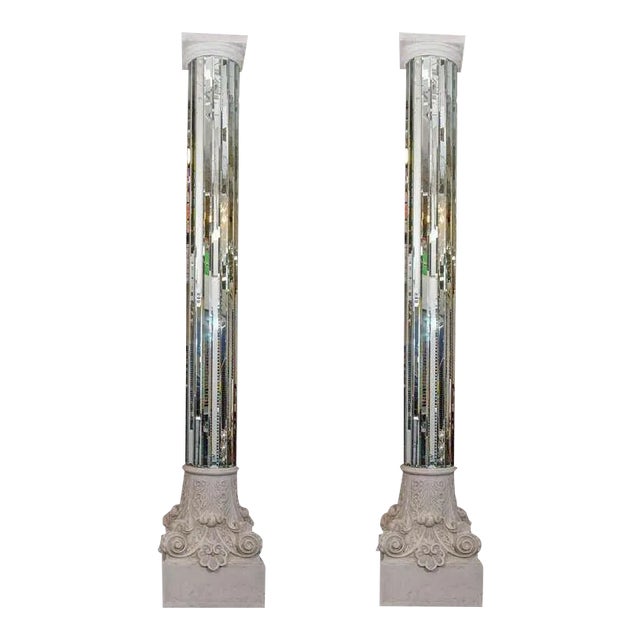 Monumental Size Modern Neoclassical Mirrored White Columns - a Pair For Sale