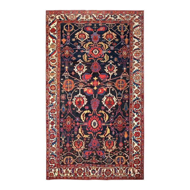 Exciting Tribal Design Blue Background Rustic Antique Persian Bakhtiari Area Rug For Sale