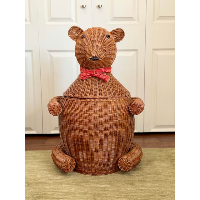 Traditional Vintage Whimsical Figural Rattan Wicker Bear Basket Hamper With Lid For Sale - Image 3 of 10