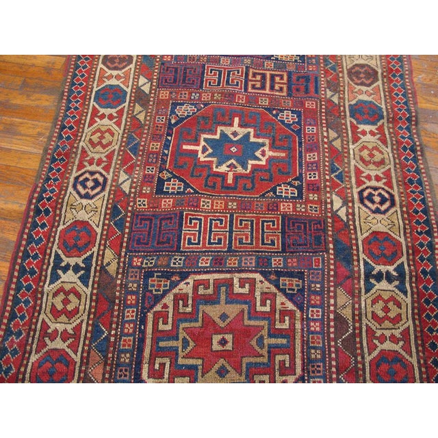 Tribal 1890s Blue Navy Geometric Tribal Antique Caucasian Kazak Rug 4' X 10'5" Handknotted Wool Carpet For Sale - Image 3 of 4