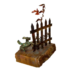 Bijan Metal Sculpture Dog With Birds Pursuit Copper and Brass on Stone Base