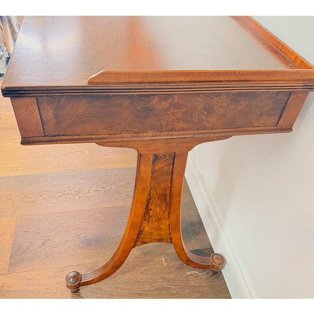 Baker Furniture Company 1950s Baker Furniture Mahogany and Burl Wood Writing Desk / Console Table With Gallery Back – Traditional Elegant Design For Sale - Image 4 of 17