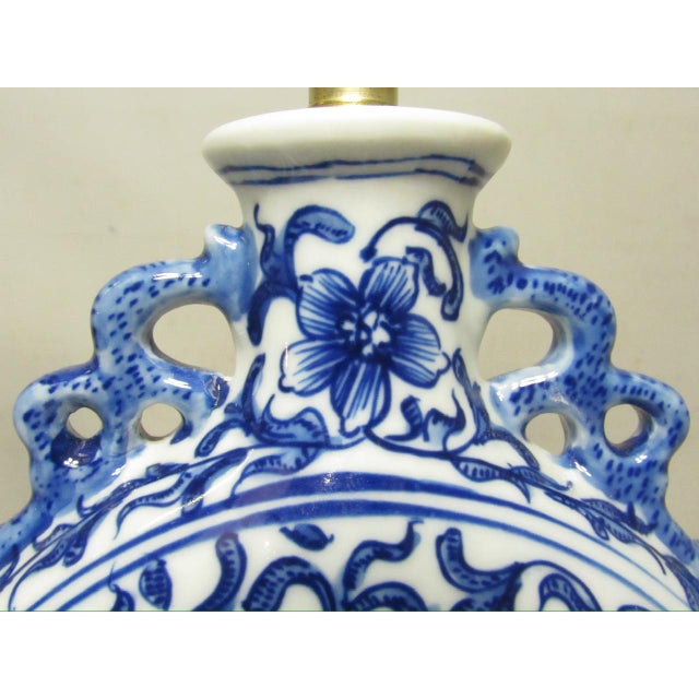 Pair of Chinese Blue and White Porcelain Moon Flask Shaped Lamps For Sale - Image 10 of 15