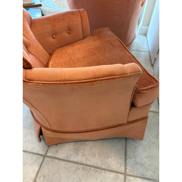 Pink Vintage Salmon Pink Tufted Skirted Corded Velvet Swivel Club Chairs - A Pair For Sale - Image 8 of 17