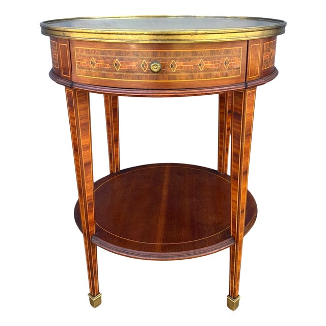 French Louis XVI Style Round Side Table with Marquetry and Drawer, 1930s For Sale