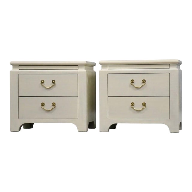 1970s White Karl Springer Style Grass Cloth Nightstands - A Pair For Sale