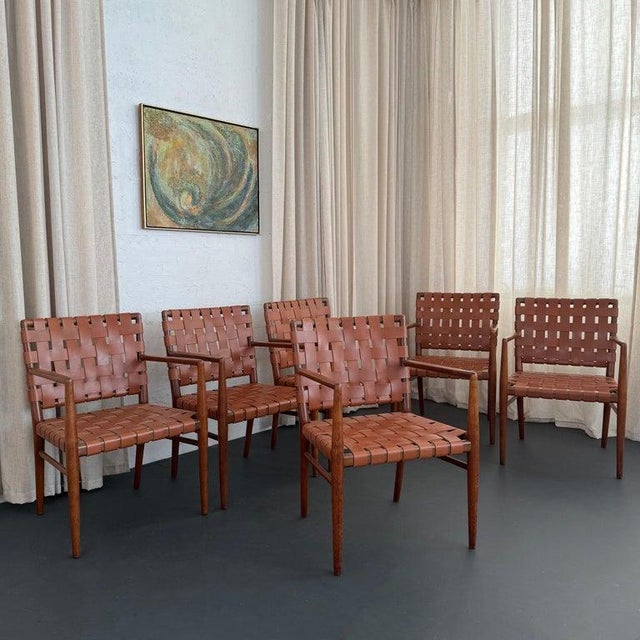 Mid-Century Modern Mid-Century Modern Woven Leather Mahogany Dining Armchairs For Sale - Image 3 of 11