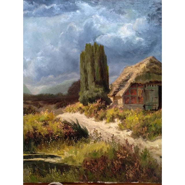 Early 20th Century Storm Over the Heath With Thatched Cottage Oil Painting For Sale - Image 4 of 6