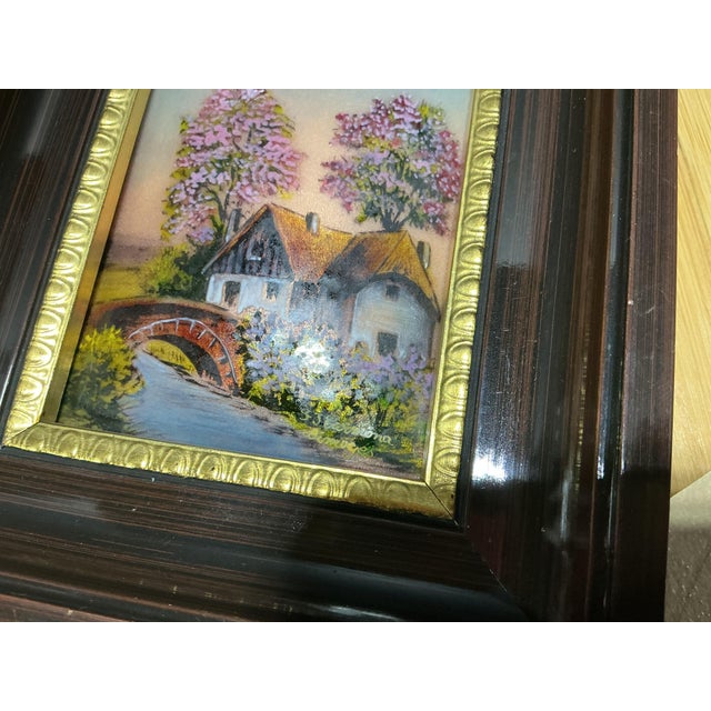 1950s Vintage French Limoges Enamel Plaque Painting by f.j. Carmona – Framed Cottage Landscape For Sale - Image 5 of 5