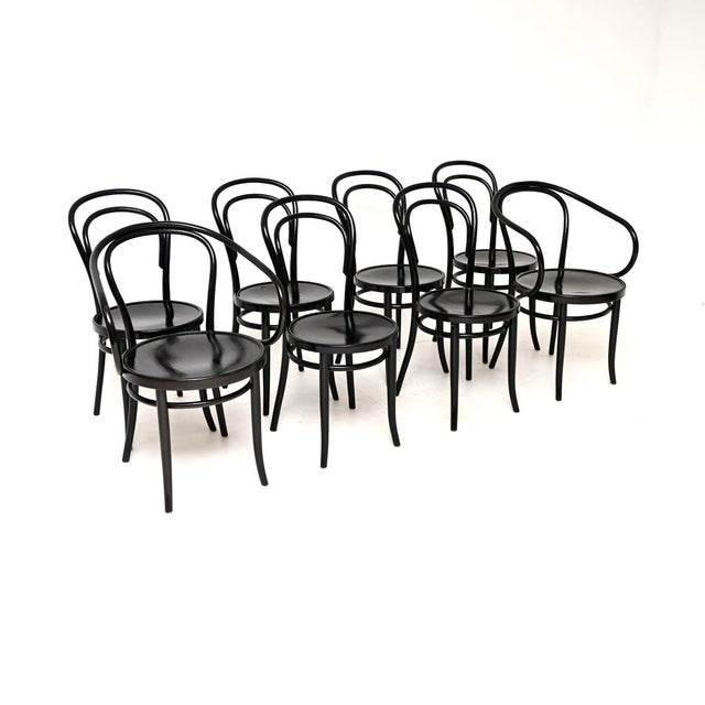 A stylish and iconic set of eight vintage bentwood dining chairs. They were made in Poland in the Radomsko factory, using...