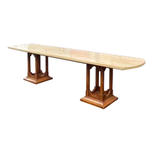 Mid 20th Century Travertine Coffee Table With Wood Square Pedestal Legs in the Style of Harvey Probber