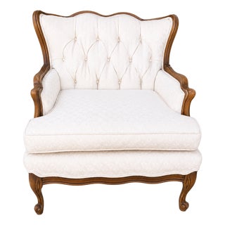 Vintage French Provincial Cream Tufted Wingback Lounge Accent Chair Attributed to Bassett Furniture For Sale