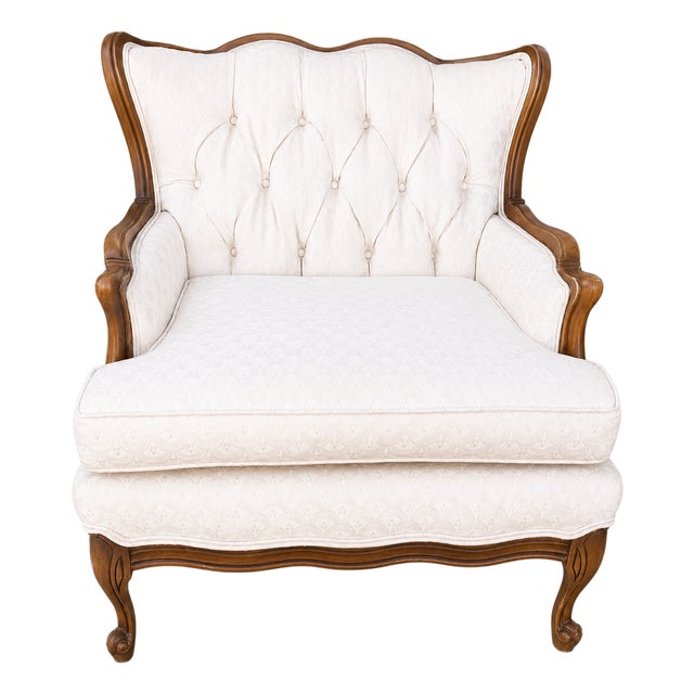 Vintage French Provincial Cream Tufted Wingback Lounge Accent Chair Attributed to Bassett Furniture For Sale
