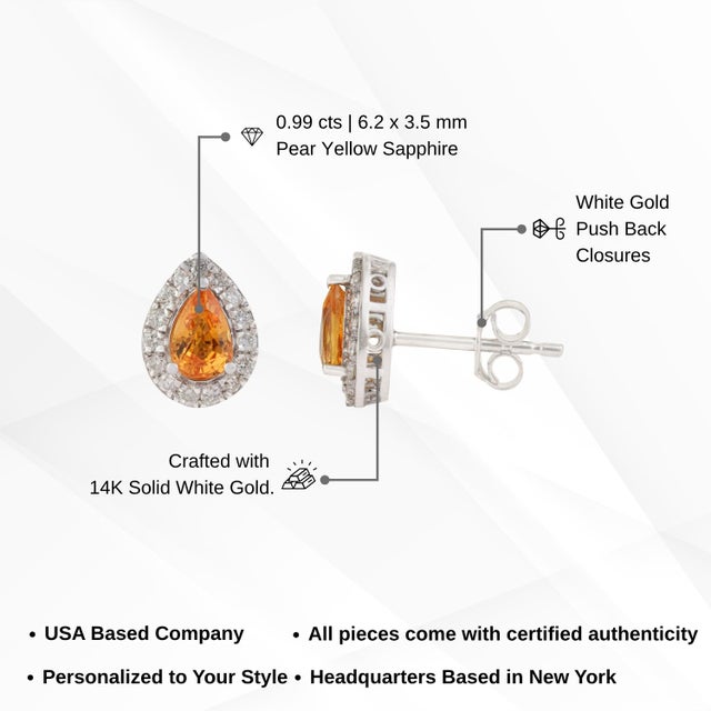 1 Ct Pear Cut Yellow Sapphire Stud Earrings With Diamonds in 14k Gold- A Pair For Sale - Image 12 of 14