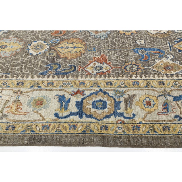 2020s Modern Oushak Style Hand-Knotted Wool Rug in Taupe, Indigo, and Ochre Accents For Sale - Image 5 of 12