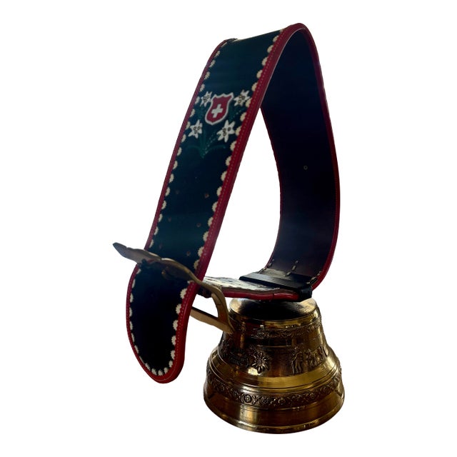 Large Vintage Swiss Albertano La Serraz Signed Bronze Cow Bell With Original Leather Strap & Buckle For Sale