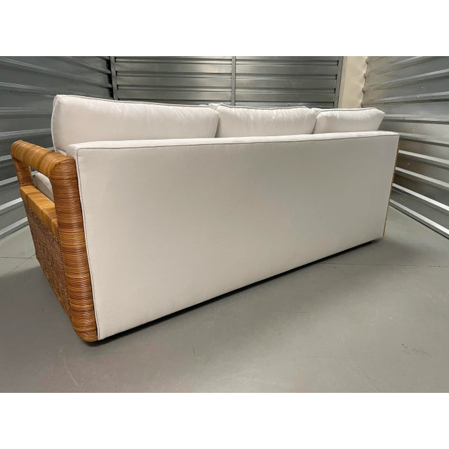 Crespi Style Rattan Sofa With Quadrille White Suncloth For Sale - Image 11 of 13