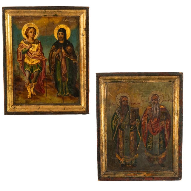Antique 19th Century Greek Gilded Hand-painted Egg Tempera, Double Sided Icon, with Cyrillic Text, circa 1850. This...