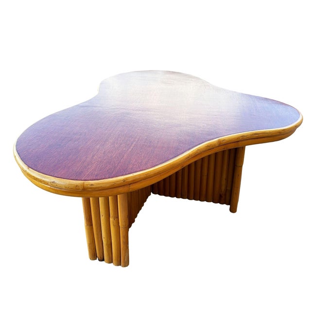 1950s Restored Large Mid-Century Biomorphic Amoeba Rattan & Mahogany Coffee Table For Sale In Los Angeles - Image 6 of 8