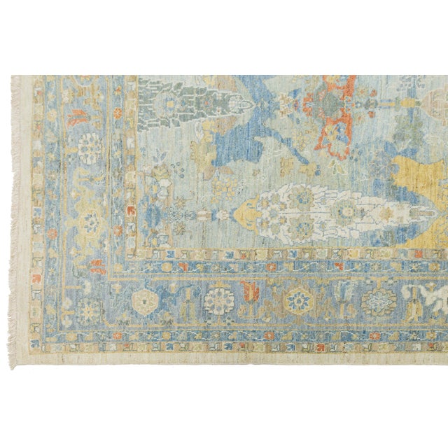 12 X 16 Modern Sultanabad Hand-Knotted Wool Rug – Sky Blue & Goldenrod Floral For Sale - Image 10 of 11