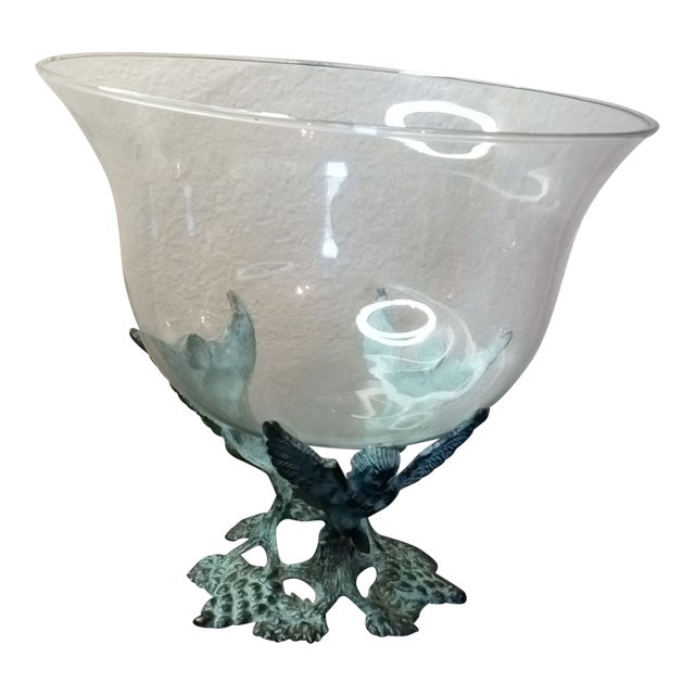 1930s Gorgeous French Baroque Centerpiece Bowl on Verdigris Bronze Pedestal For Sale