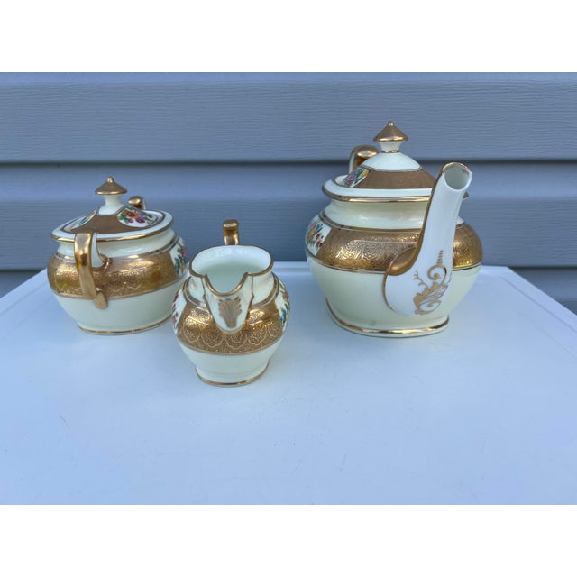 Art Deco 1900 Gold & Floral Cauldon for Tiffany Tea Set - Set of 3 For Sale - Image 3 of 10