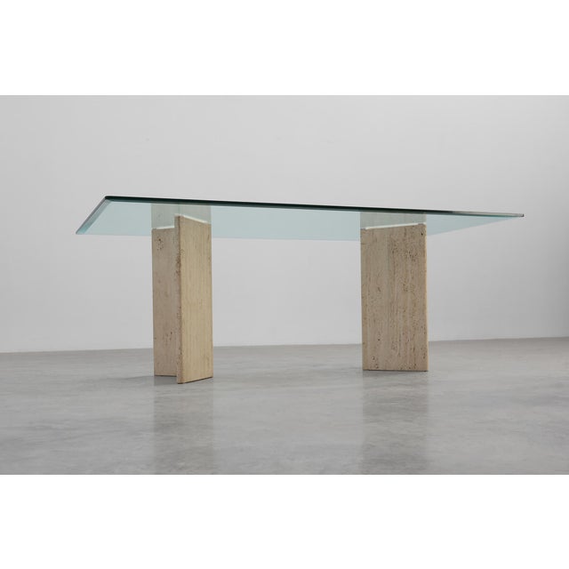 Mid‑Century Italian Dining Table with Glass Top and Travertine Base, 1970s For Sale - Image 6 of 11