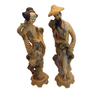Tall Mid 20th Century Hand Made in Italy, Resin Statues of Asian Man and Woman With Nine Parrots and Peacock - Set of 2