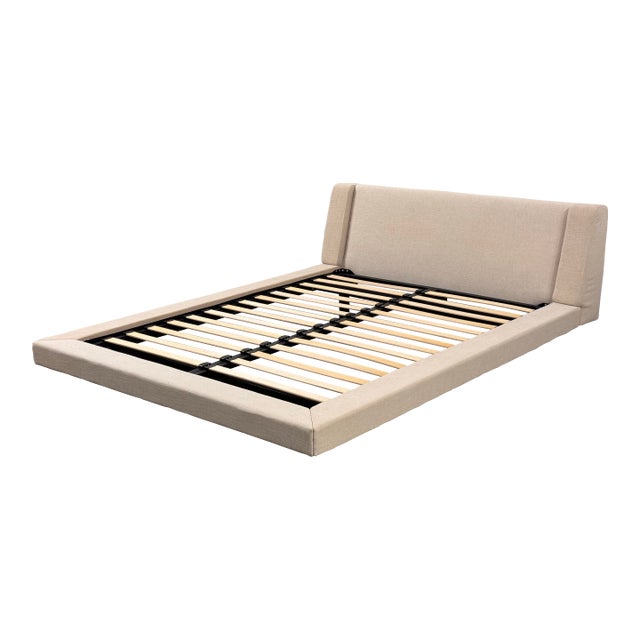 Queen Size Modern Floating Linen-Wrapped Platform Bed Frame For Sale