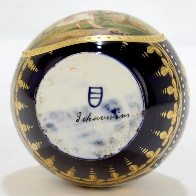 Signed Antique Royal Vienna Style Porcelain Gilt & Hand Painted Cobalt Blue Vase For Sale - Image 12 of 13