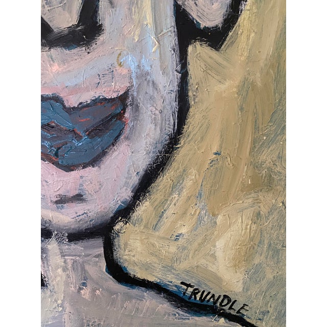 Acrylic on canvas, 48H x 36W x 1.5D. Edges painted pale gray, back wired, ready to hang.