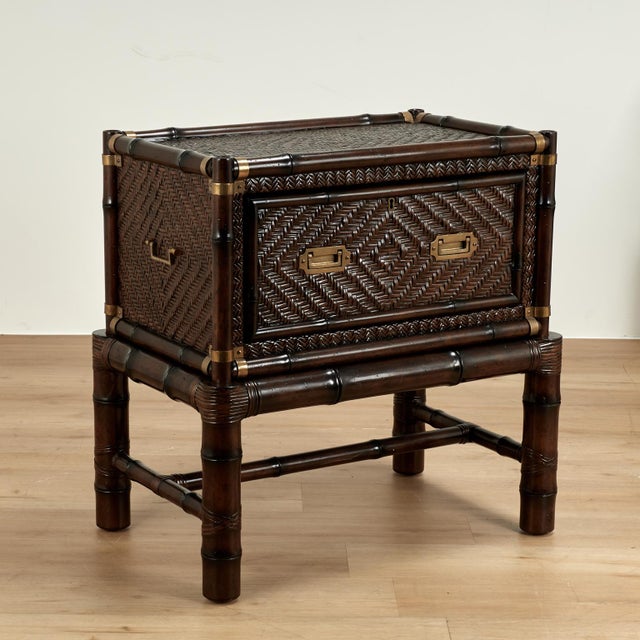 1980s Pair of Vintage Faux Bamboo and Grasscloth British Colonial Style Stands For Sale - Image 5 of 18