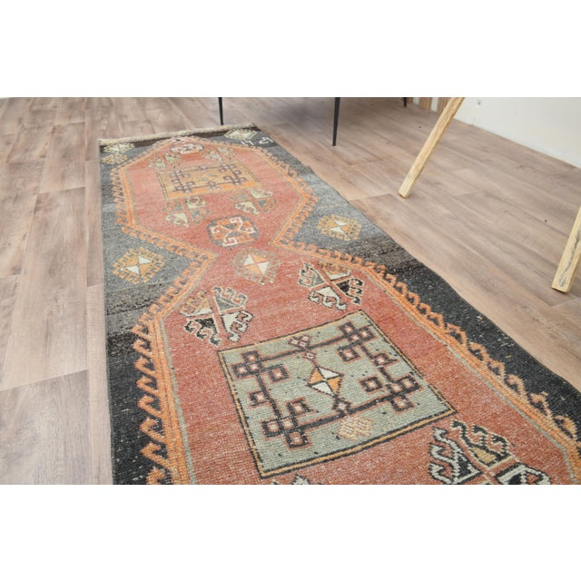 Orange Authentic Vintage Runner RugHandmade Wool Rug For Sale - Image 4 of 9