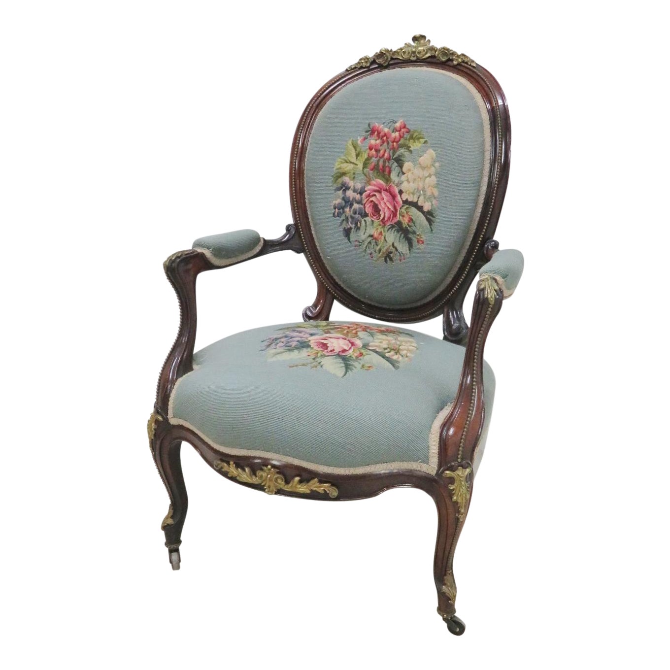 Victorian Rosewood Ormolu Needlepoint Arm Chair Chairish