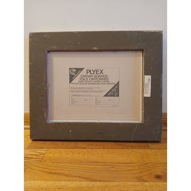 This oil painting features a cool, serene palette of icy blues, soft grays, and muted whites, with subtle hints of green,...