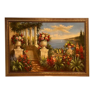 XL Framed Vintage Floral Landscape Oil Painting For Sale