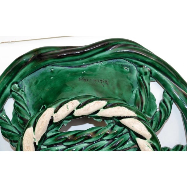 Vallauris France Glazed Woven Ceramic Basket Dark Green Fall Motif Pottery 70 For Sale - Image 10 of 12