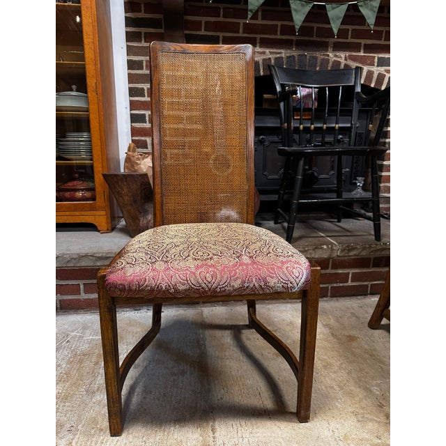 French Provincial 1970's Burlington Furniture Oak & Cane High-Back Dining Chairs, Set of 4 For Sale - Image 3 of 12