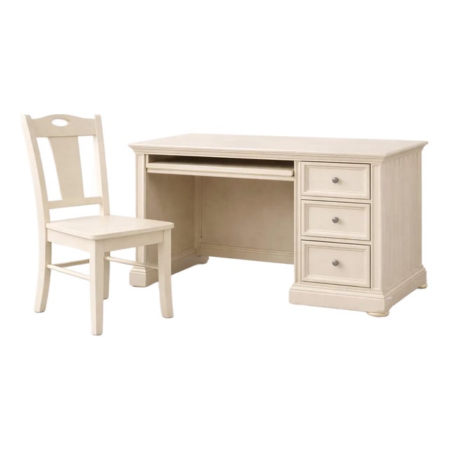 Cream Painted Writing Desk With Pull-Out Keyboard Tray and Solid Wood Chair, Late 20th Century For Sale