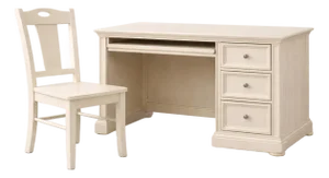 Cream Painted Writing Desk With Pull-Out Keyboard Tray and Solid Wood Chair, Late 20th Century