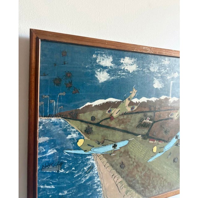 Blue 1980s WWII Narrative Battle Scene Folk Art Painting, Signed Gilbert W. Schuett For Sale - Image 8 of 11