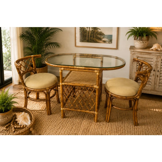 Brown Vintage Honeymoon Coastal Bamboo & Rattan Oval Glass Dining Set With Two Chairs For Sale - Image 8 of 10