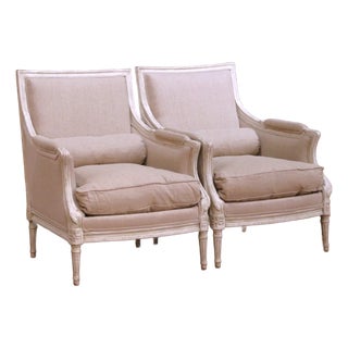 Pair of 19th Century French Louis XVI Carved Painted and Upholstered Armchairs For Sale