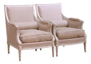 Pair of 19th Century French Louis XVI Carved Painted and Upholstered Armchairs